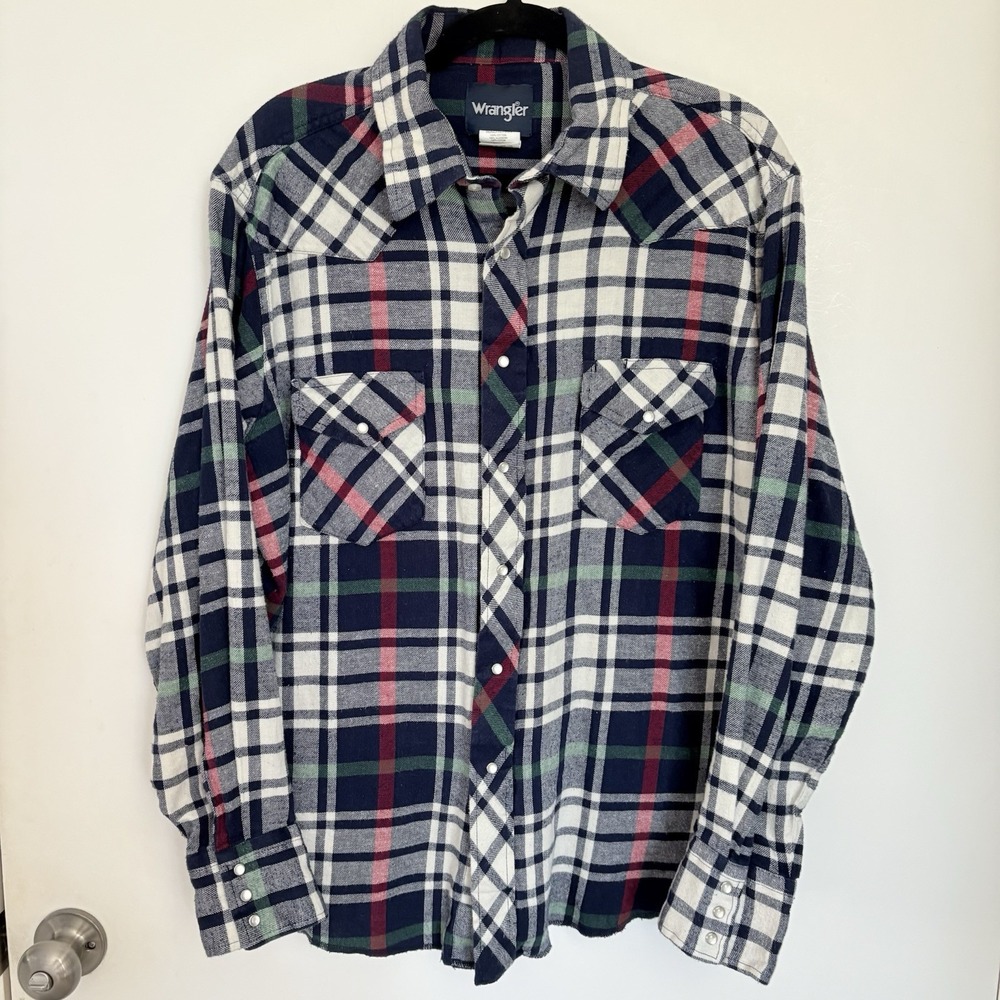 Vintage Wrangler Pearl Snap Plaid Flannel Long Sleeve Western Cowboy Work XL